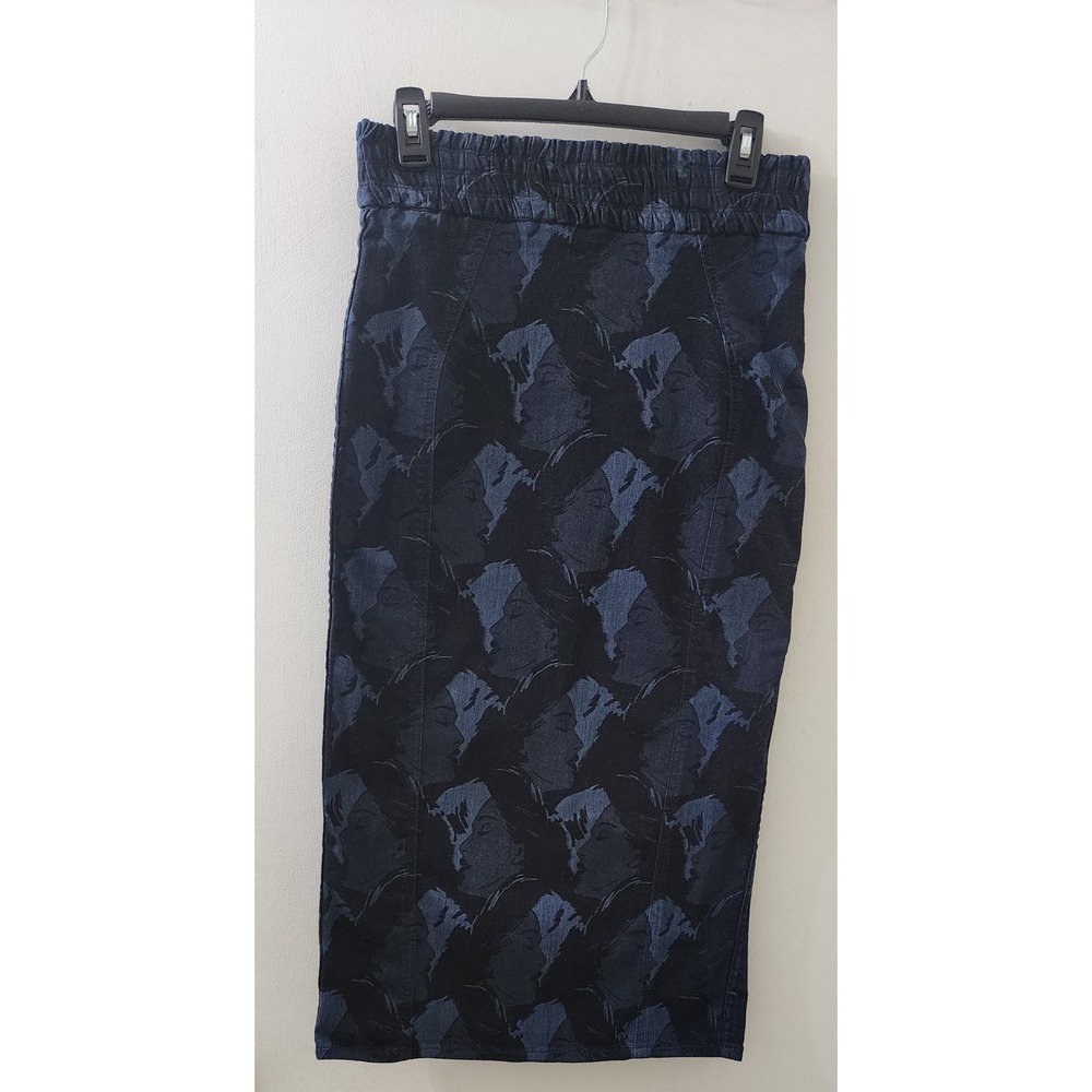 Bimba y Lola Blue Face Graphic Print Midi Pencil Skirt Elastic Waist Size 36